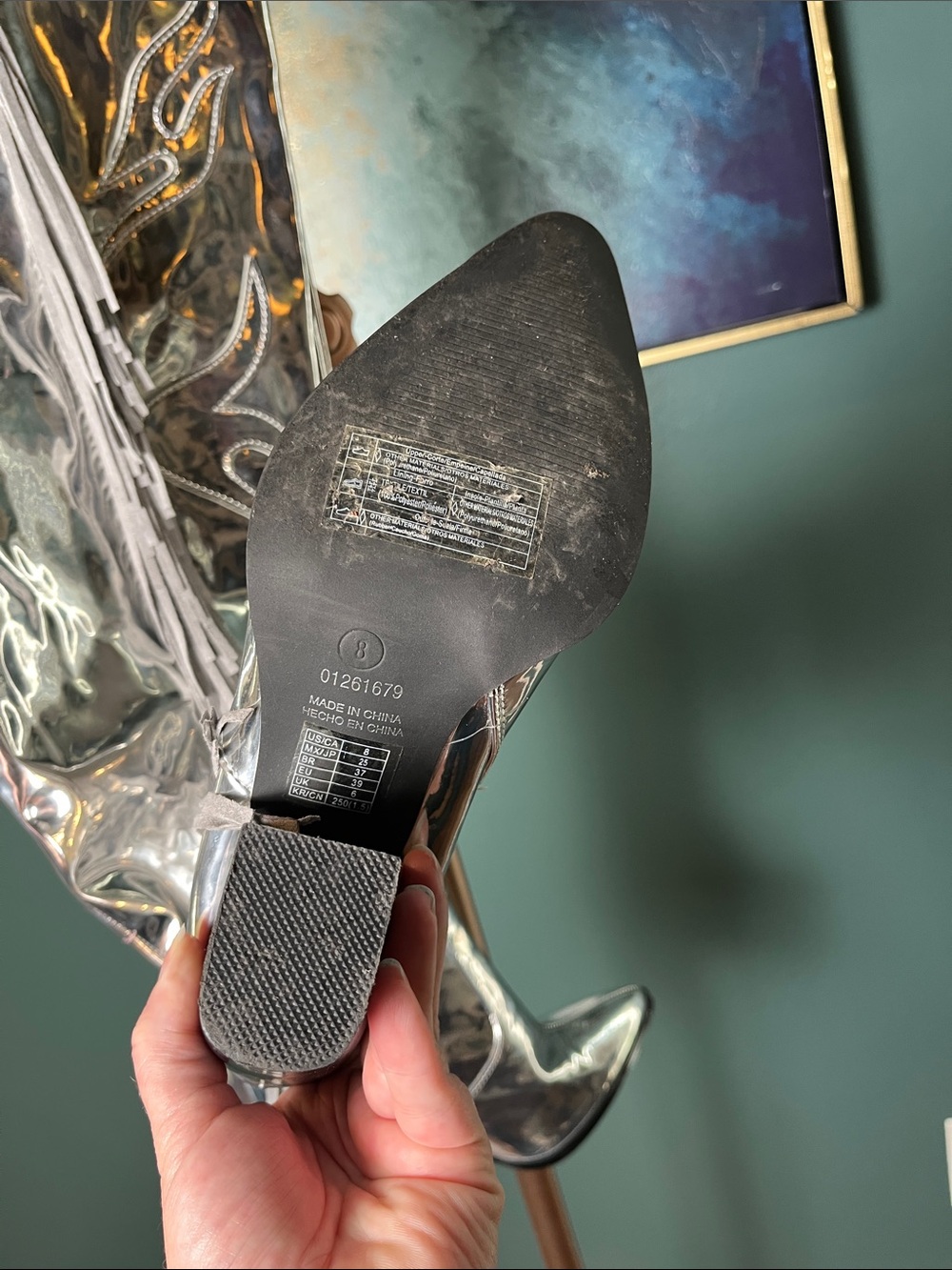 Silver Metallic Over-the-Knee Block Heel Cowgirl Boots - Picture 6 of 9
